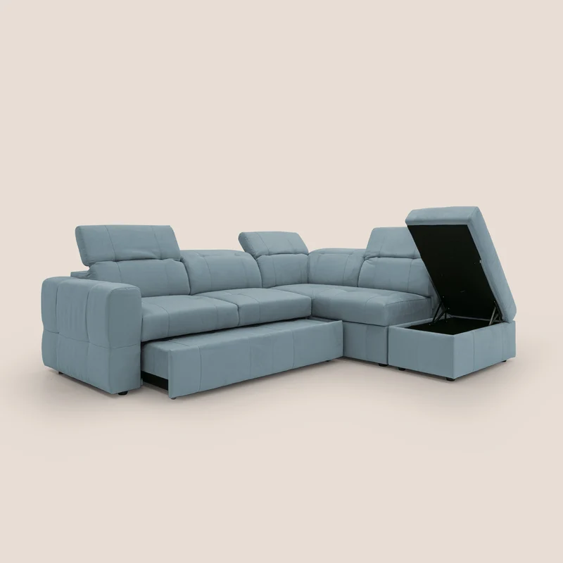 Kronos Canapé d'angle avec extractible et pouf coffre en micorfibre imperméable T11 sucre glace
