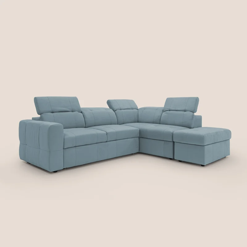 Kronos Canapé d'angle avec extractible et pouf coffre en micorfibre imperméable T11 sucre glace