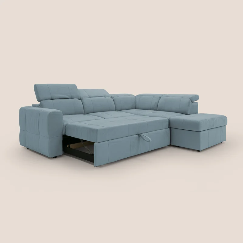 Kronos Canapé d'angle avec extractible et pouf coffre en micorfibre imperméable T11 sucre glace