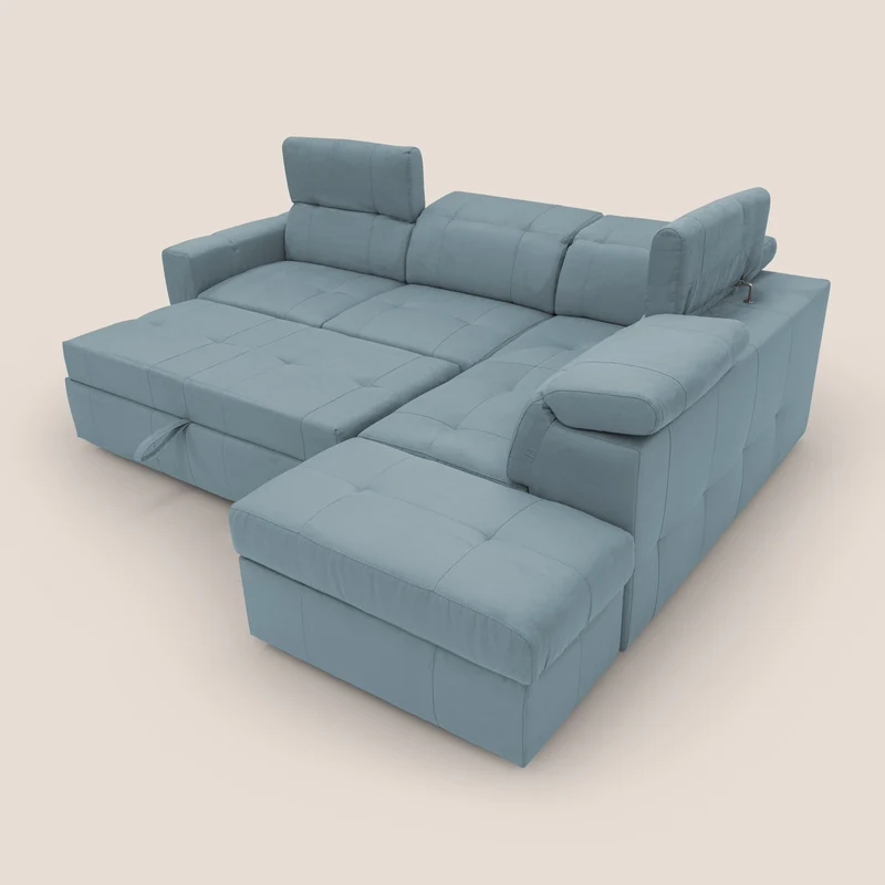 Kronos Canapé d'angle avec extractible et pouf coffre en micorfibre imperméable T11 sucre glace