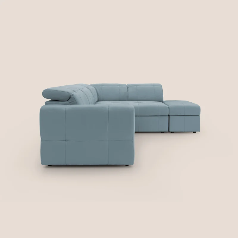 Kronos Canapé d'angle avec extractible et pouf coffre en micorfibre imperméable T11 sucre glace