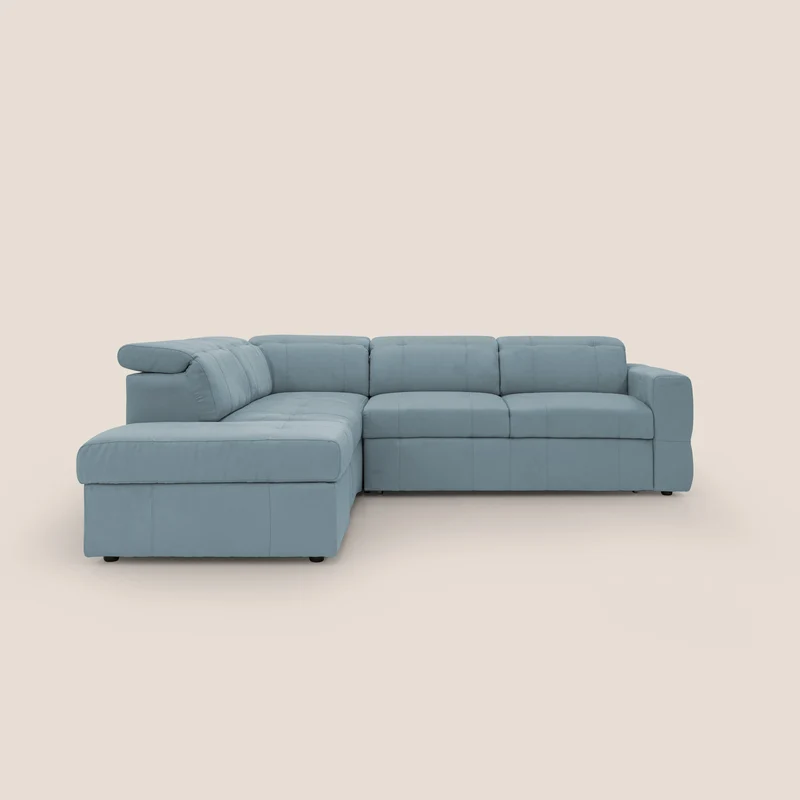 Kronos Canapé d'angle avec extractible et pouf coffre en micorfibre imperméable T11 sucre glace