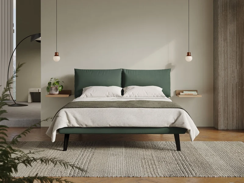 Astrid lit rembourré avec pieds en bois en microfibre détachable T11 vert