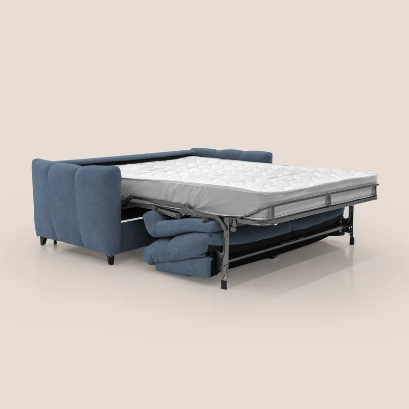 Peonia canapé convertible scandinave avec matelas H 18cm et dossier haut en bouclette imperméable T07 bleu