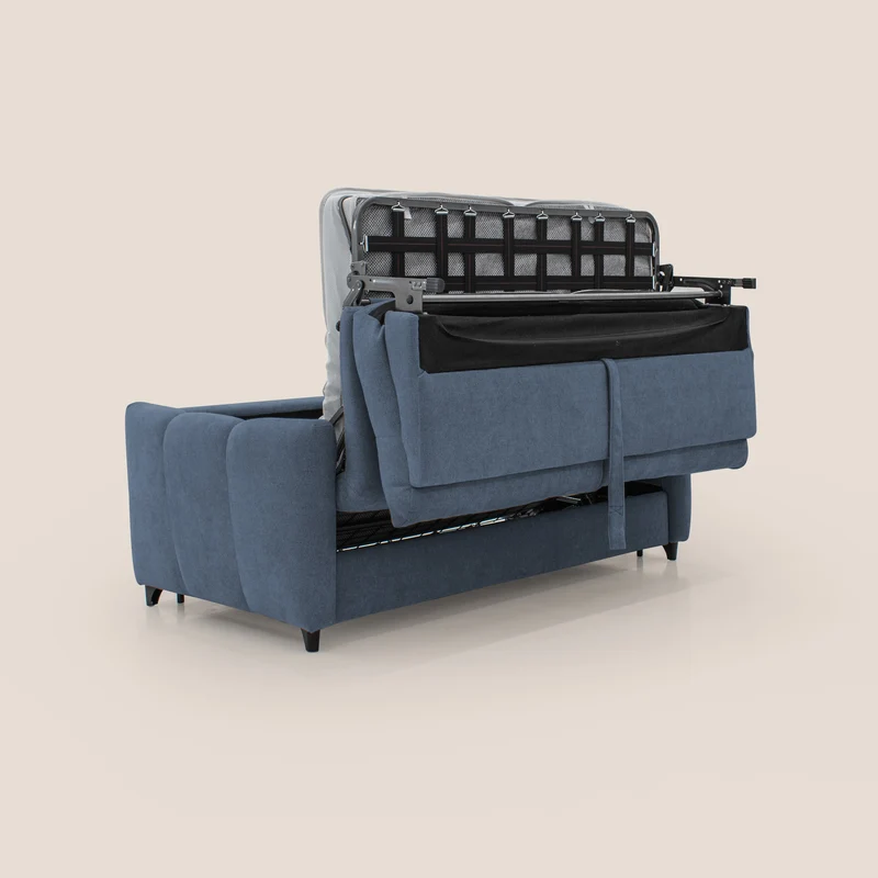 Peonia canapé convertible scandinave avec matelas H 18cm et dossier haut en bouclette imperméable T07 bleu