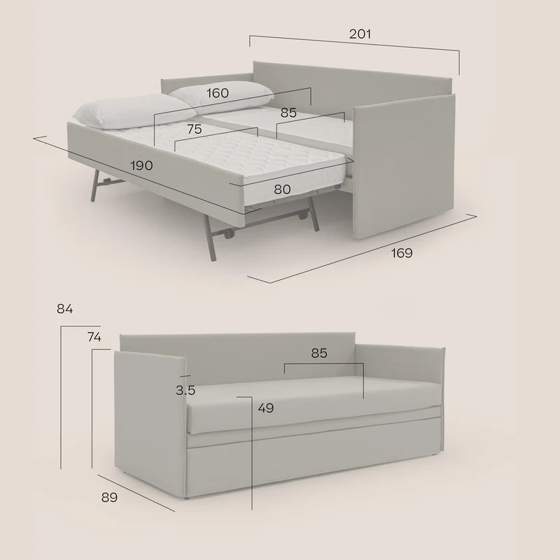 Brenta Canapé duplex avec lits jumeaux et tissu effet coton imperméable T13 bleu