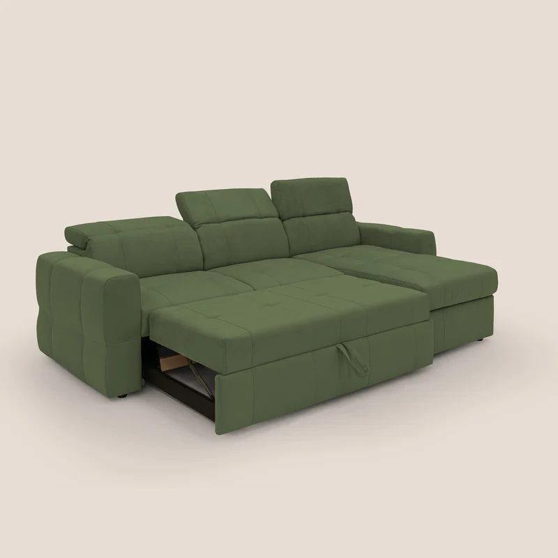 Kronos Canapé d'angle avec pouf extractible et coffre de rangement en microfibre imperméable T11 vert