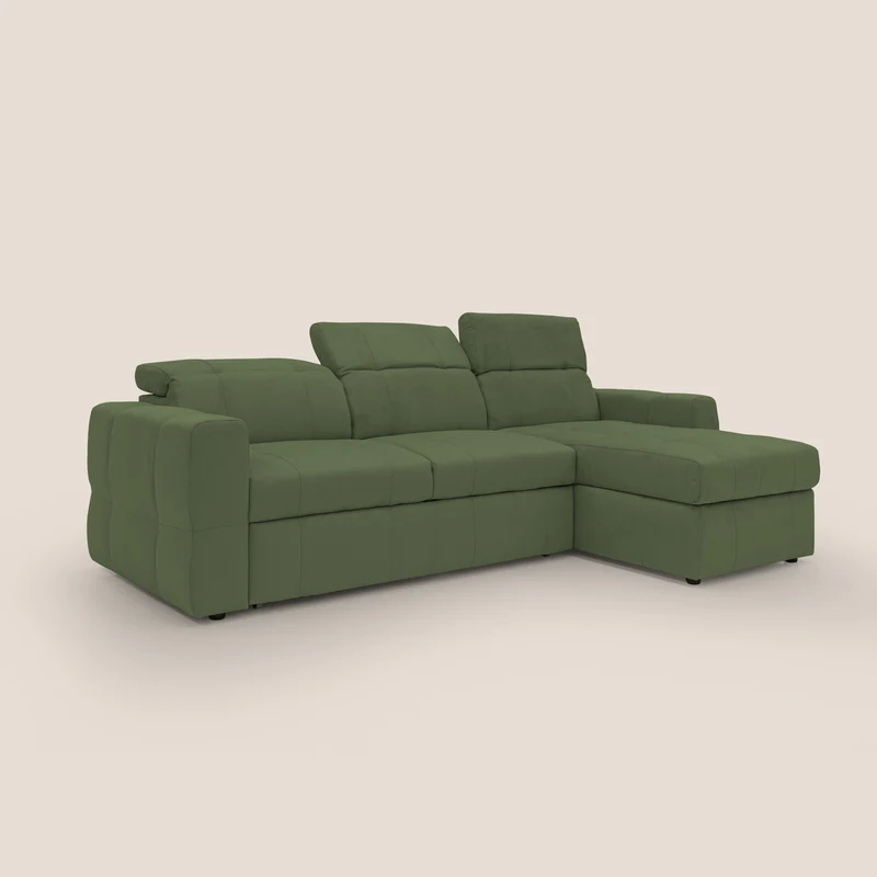 Kronos Canapé d'angle avec pouf extractible et coffre de rangement en microfibre imperméable T11 vert