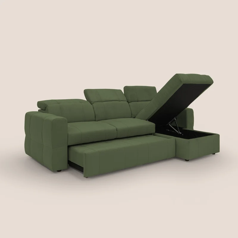 Kronos Canapé d'angle avec pouf extractible et coffre de rangement en microfibre imperméable T11 vert