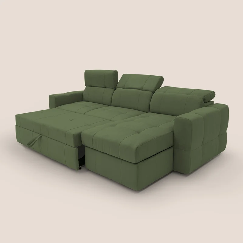 Kronos Canapé d'angle avec pouf extractible et coffre de rangement en microfibre imperméable T11 vert