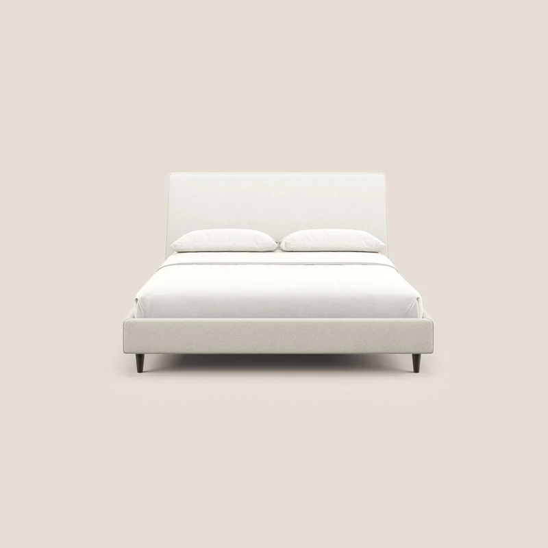 Dorotea lit rembourré avec pieds bois et tissu bouclette douce imperméable T07 blanc