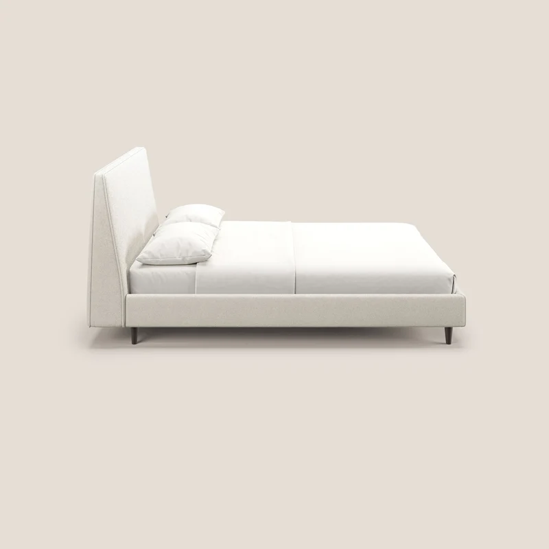 Dorotea lit rembourré avec pieds bois et tissu bouclette douce imperméable T07 blanc