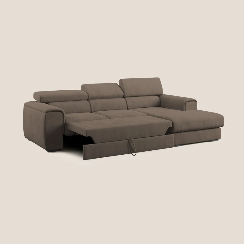 Zeno canapé d'angle et pouf extractible en tissu doux imperméable T02 marron