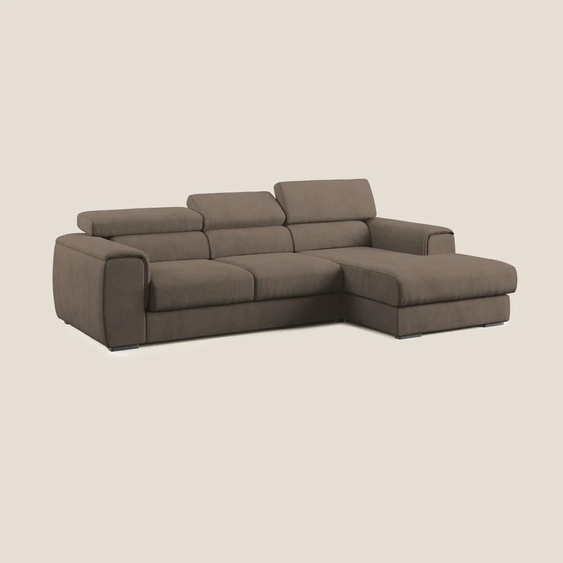 Zeno canapé d'angle et pouf extractible en tissu doux imperméable T02 marron