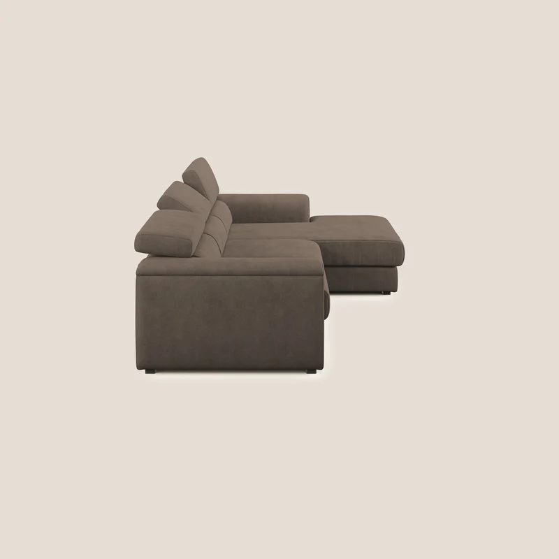 Zeno canapé d'angle et pouf extractible en tissu doux imperméable T02 marron