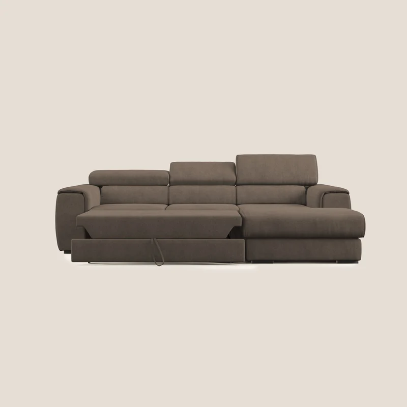Zeno canapé d'angle et pouf extractible en tissu doux imperméable T02 marron