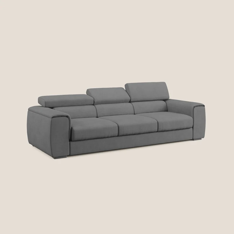 Zeno Canapé avec pouf extractible à 3 assises en tissu doux imperméable T02 gris