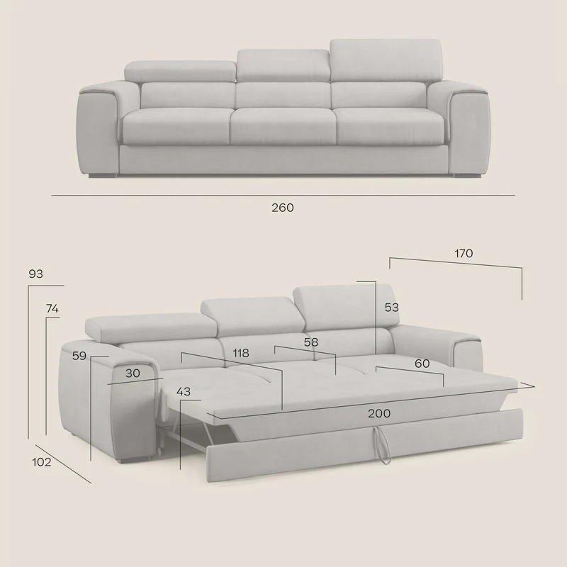 Zeno Canapé avec pouf extractible à 3 assises en tissu doux imperméable T02 gris