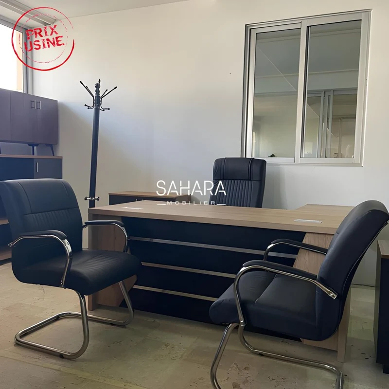 Pack BROWN ( Bureau Avec Retour 160cm + Caisson + Pack Fauteuils + Armoire Basse + Porte Manteau ) Réf B3582