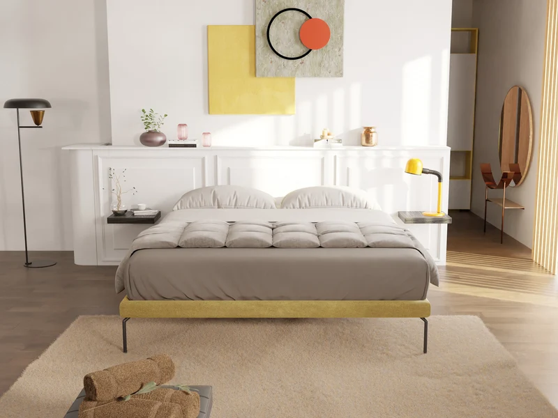Ring sommier déhoussable avec pieds H 24cm en tissu imperméable T14 jaune