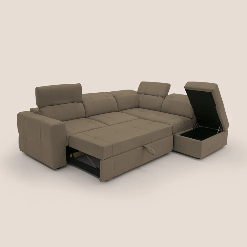 Kronos Canapé d'angle avec extractible et pouf coffre en micorfibre imperméable T11 marron