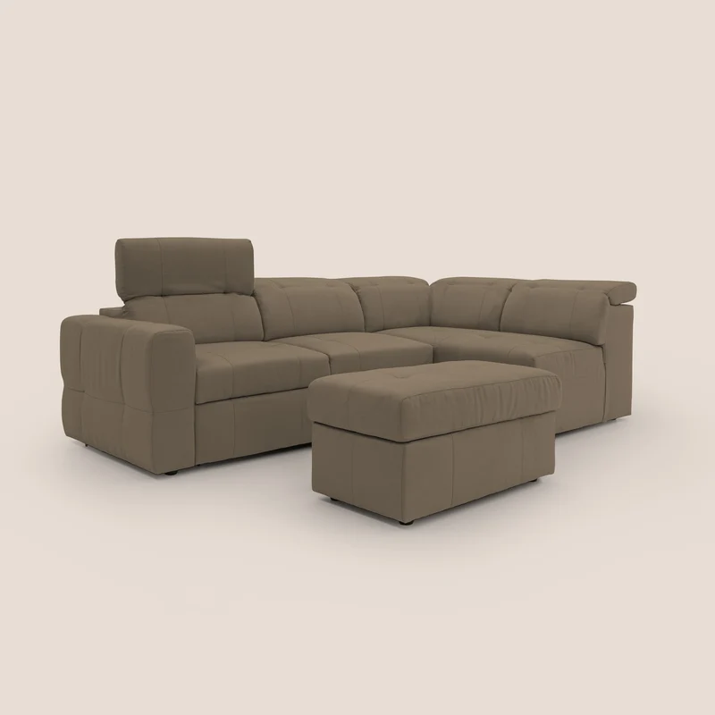 Kronos Canapé d'angle avec extractible et pouf coffre en micorfibre imperméable T11 marron