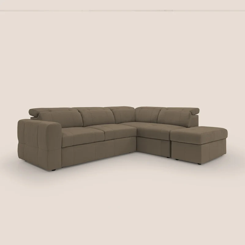Kronos Canapé d'angle avec extractible et pouf coffre en micorfibre imperméable T11 marron