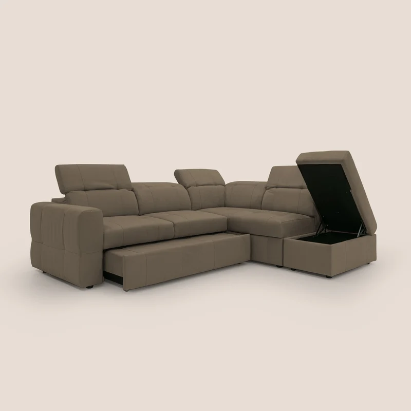 Kronos Canapé d'angle avec extractible et pouf coffre en micorfibre imperméable T11 marron