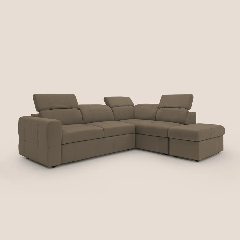 Kronos Canapé d'angle avec extractible et pouf coffre en micorfibre imperméable T11 marron