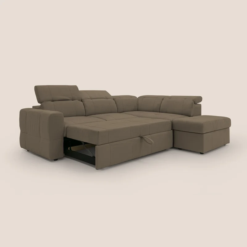 Kronos Canapé d'angle avec extractible et pouf coffre en micorfibre imperméable T11 marron