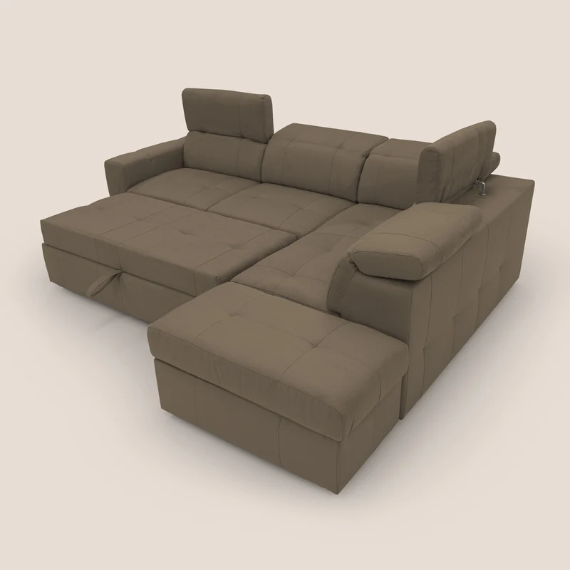Kronos Canapé d'angle avec extractible et pouf coffre en micorfibre imperméable T11 marron