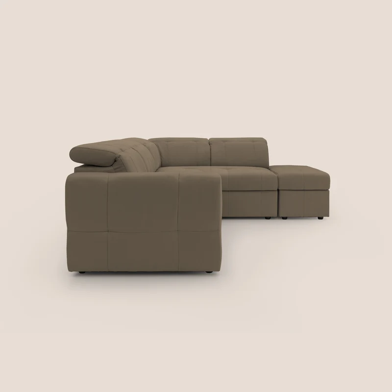 Kronos Canapé d'angle avec extractible et pouf coffre en micorfibre imperméable T11 marron