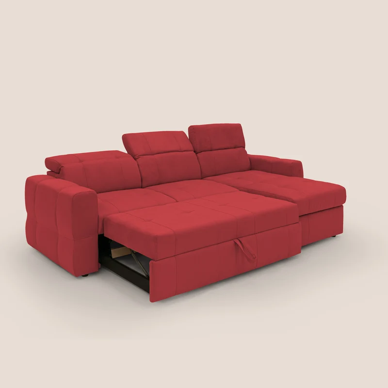 Kronos Canapé d'angle avec pouf extractible et coffre de rangement en microfibre imperméable T11 rouge
