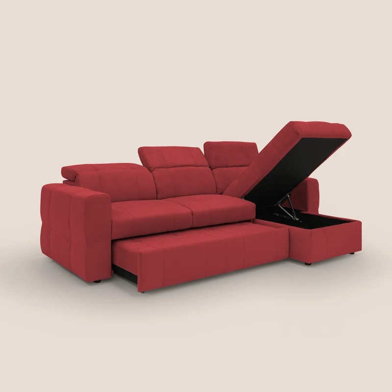 Kronos Canapé d'angle avec pouf extractible et coffre de rangement en microfibre imperméable T11 rouge