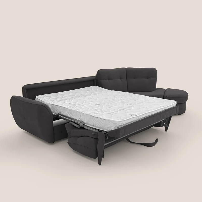 Zeus Canapé d'angle convertible avec matelas H18 cm pouf mobile en tissu imperméable T02 noir