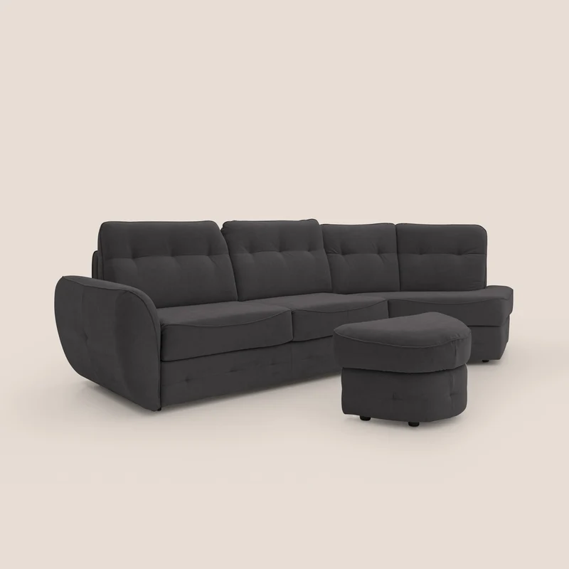 Zeus Canapé d'angle convertible avec matelas H18 cm pouf mobile en tissu imperméable T02 noir