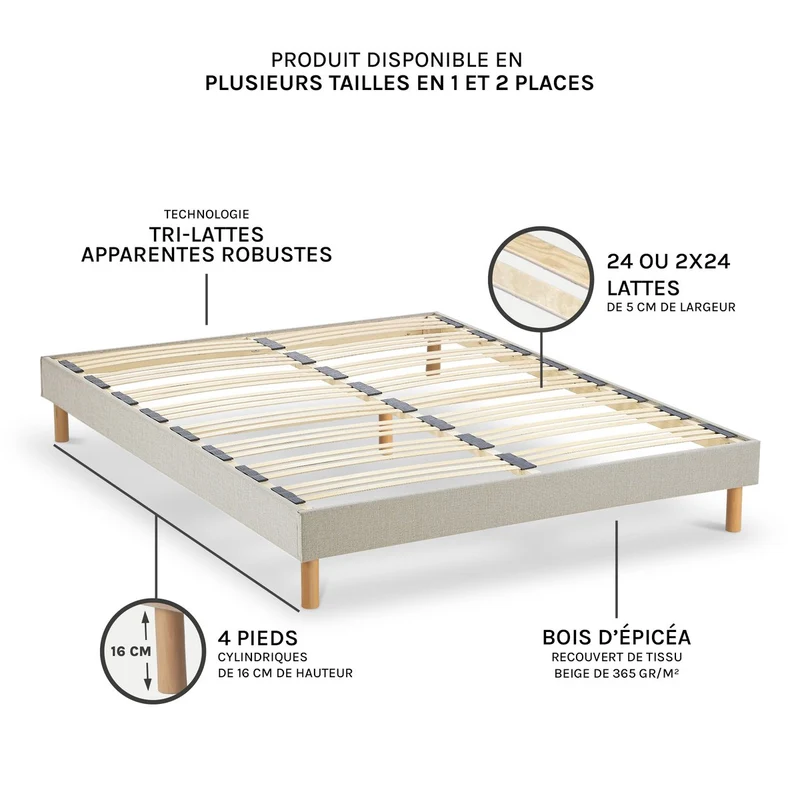 Sommier tapissier beige en bois avec lattes flexibles