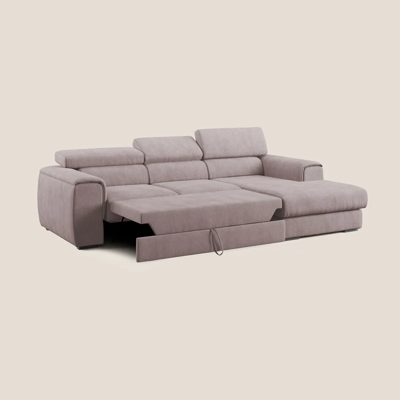Zeno canapé d'angle et pouf extractible en tissu doux imperméable T02 rose