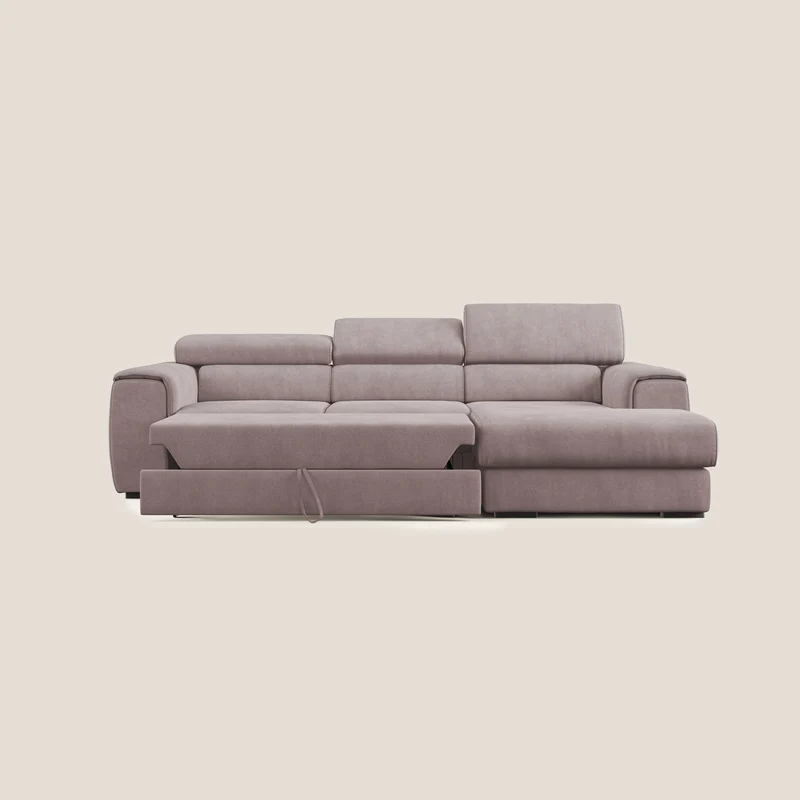 Zeno canapé d'angle et pouf extractible en tissu doux imperméable T02 rose