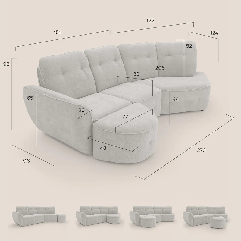 Cerbero canapé d'angle avec pouf terminal en bouclette douce imperméable T07 sucre glace