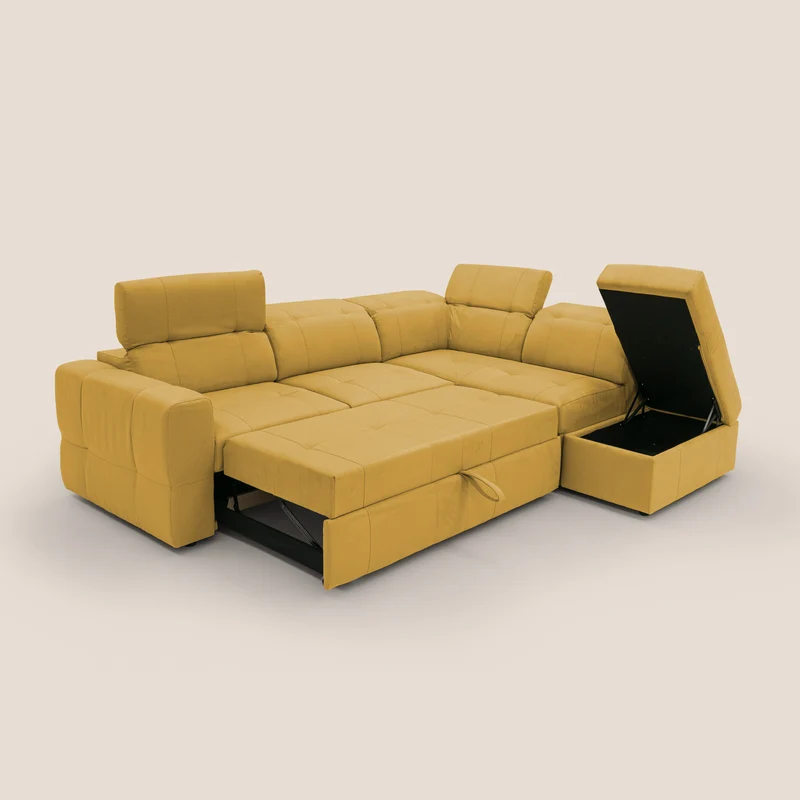 Kronos Canapé d'angle avec extractible et pouf coffre en micorfibre imperméable T11 jaune