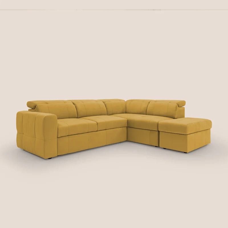 Kronos Canapé d'angle avec extractible et pouf coffre en micorfibre imperméable T11 jaune