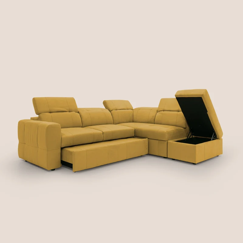 Kronos Canapé d'angle avec extractible et pouf coffre en micorfibre imperméable T11 jaune