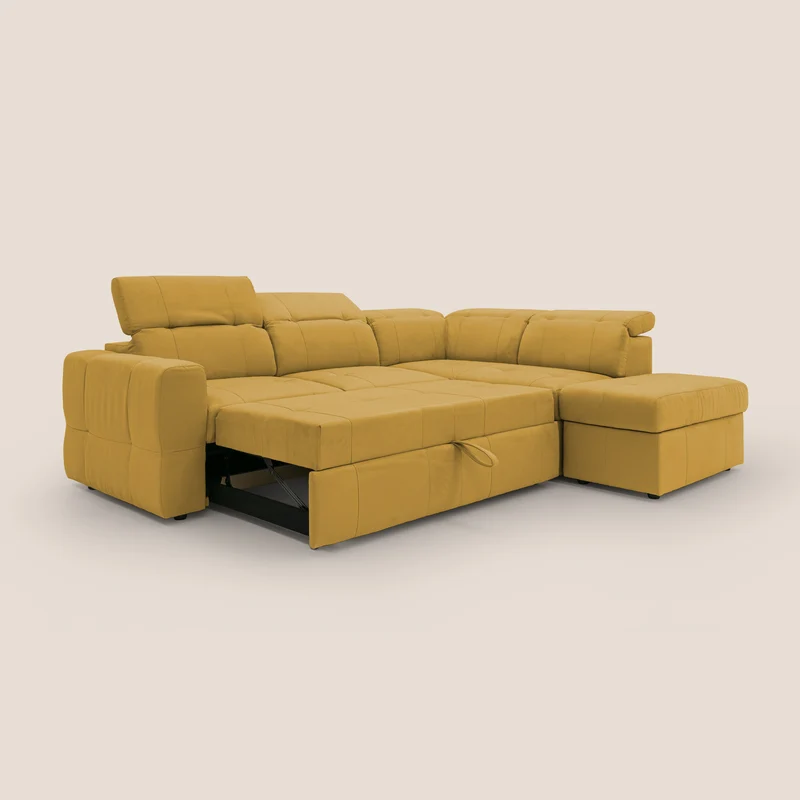 Kronos Canapé d'angle avec extractible et pouf coffre en micorfibre imperméable T11 jaune