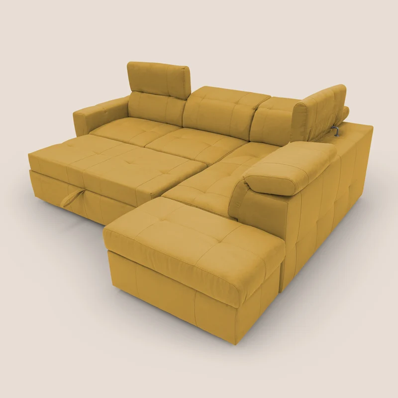 Kronos Canapé d'angle avec extractible et pouf coffre en micorfibre imperméable T11 jaune