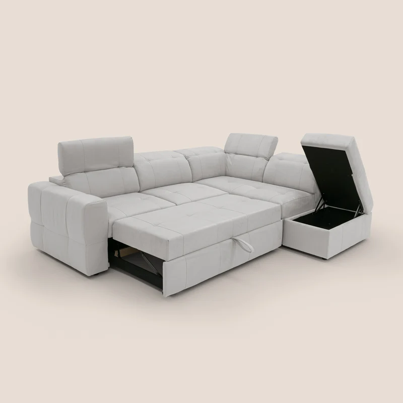 Kronos Canapé d'angle avec extractible et pouf coffre en micorfibre imperméable T11 gris clair