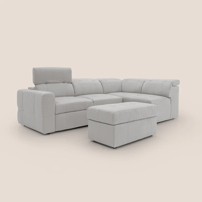 Kronos Canapé d'angle avec extractible et pouf coffre en micorfibre imperméable T11 gris clair