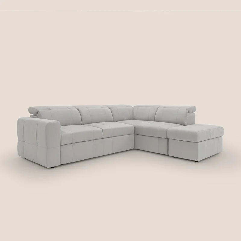 Kronos Canapé d'angle avec extractible et pouf coffre en micorfibre imperméable T11 gris clair