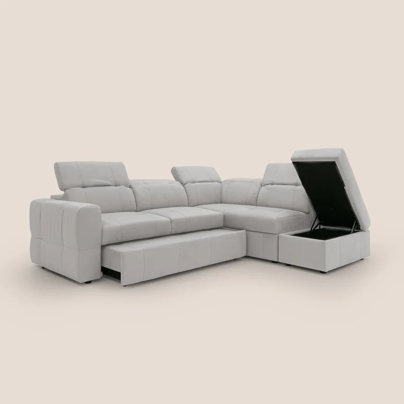 Kronos Canapé d'angle avec extractible et pouf coffre en micorfibre imperméable T11 gris clair
