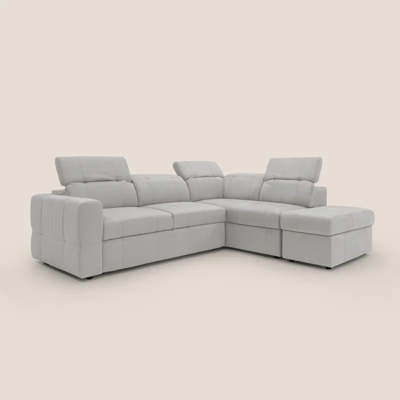 Kronos Canapé d'angle avec extractible et pouf coffre en micorfibre imperméable T11 gris clair